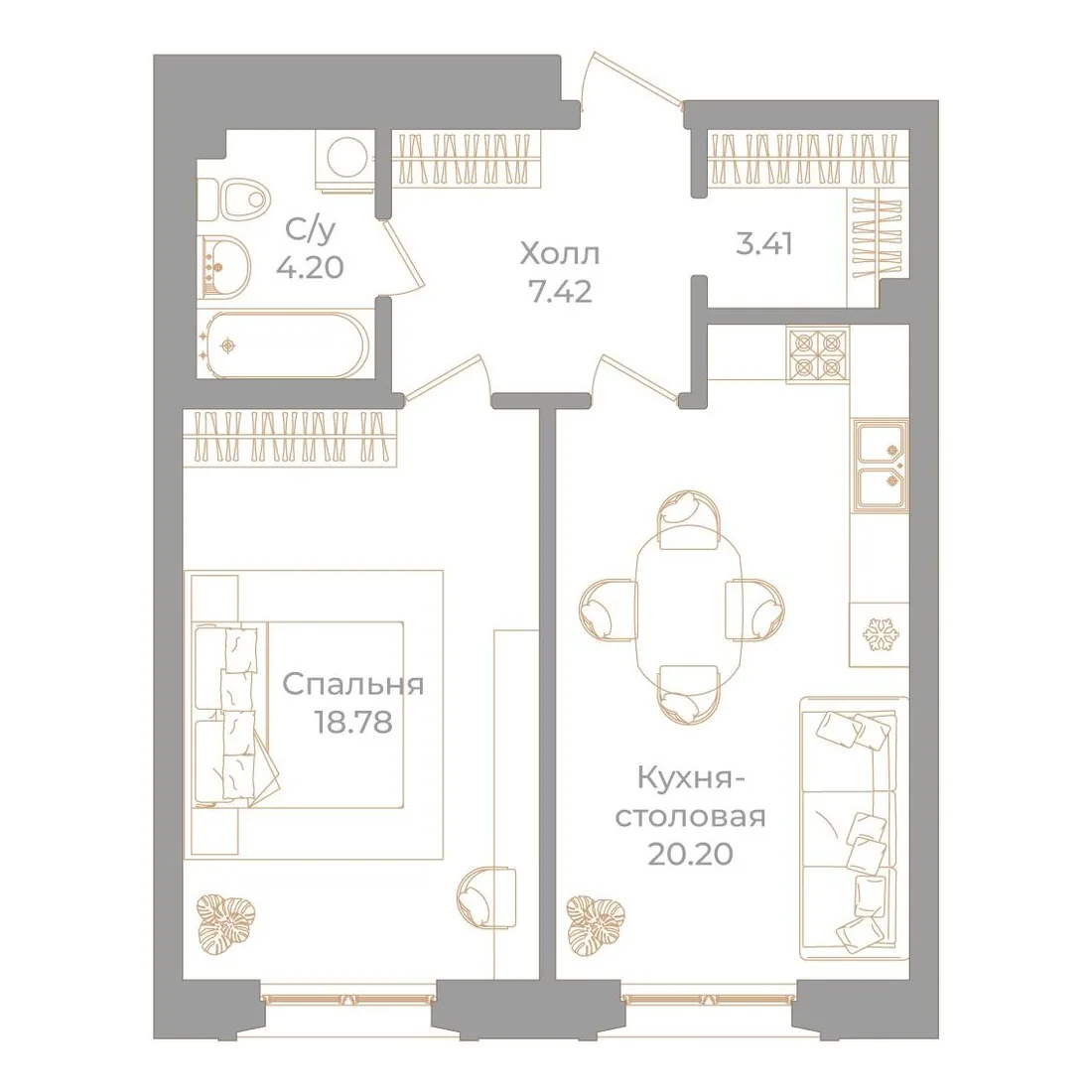 Планировка: Однокомнатная квартира 54 м² в «Фонтанка, 130»