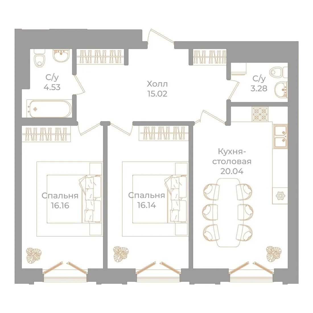 Планировка: Двухкомнатная квартира 75 м² в «Фонтанка, 130»