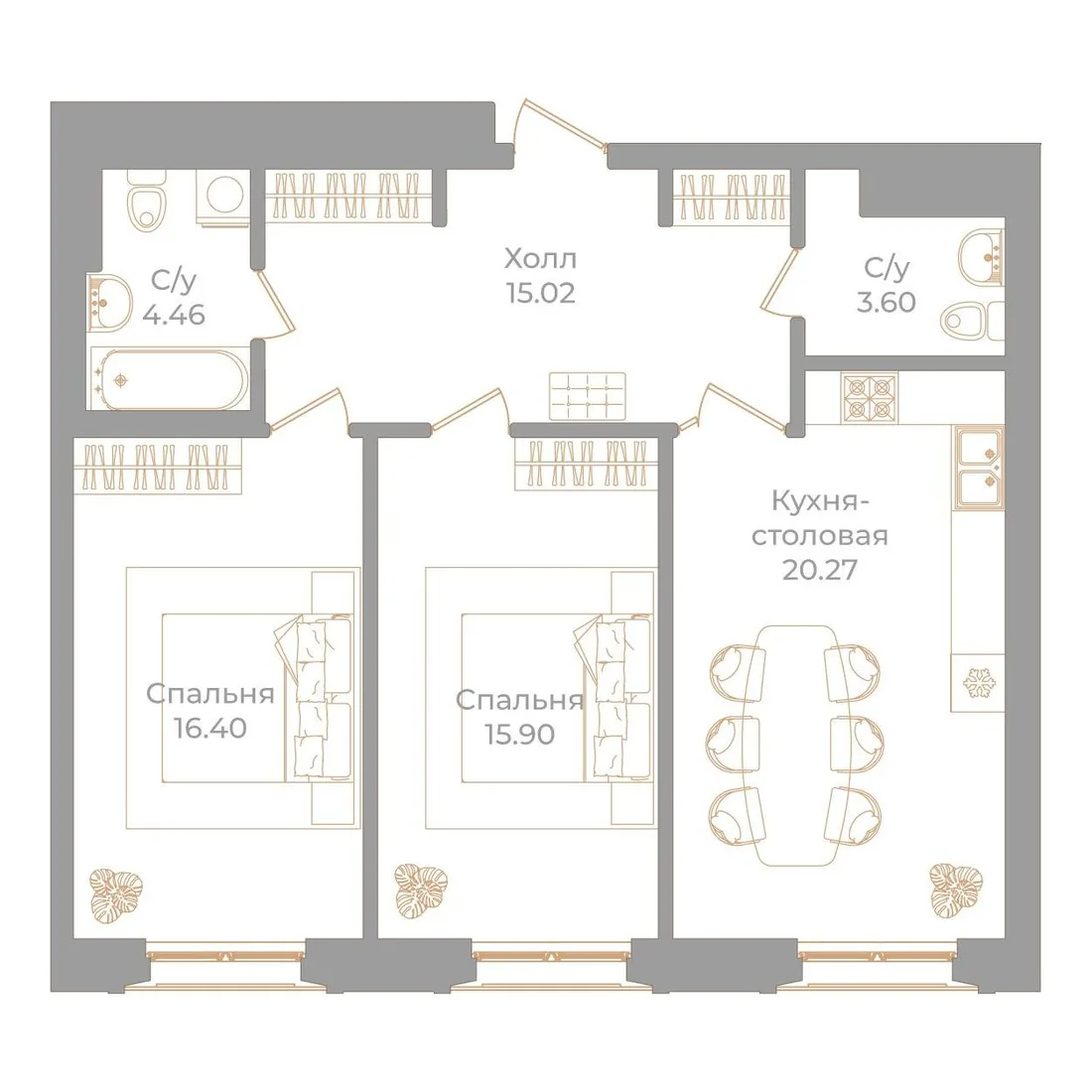 Планировка: Двухкомнатная квартира 76 м² в «Фонтанка, 130»