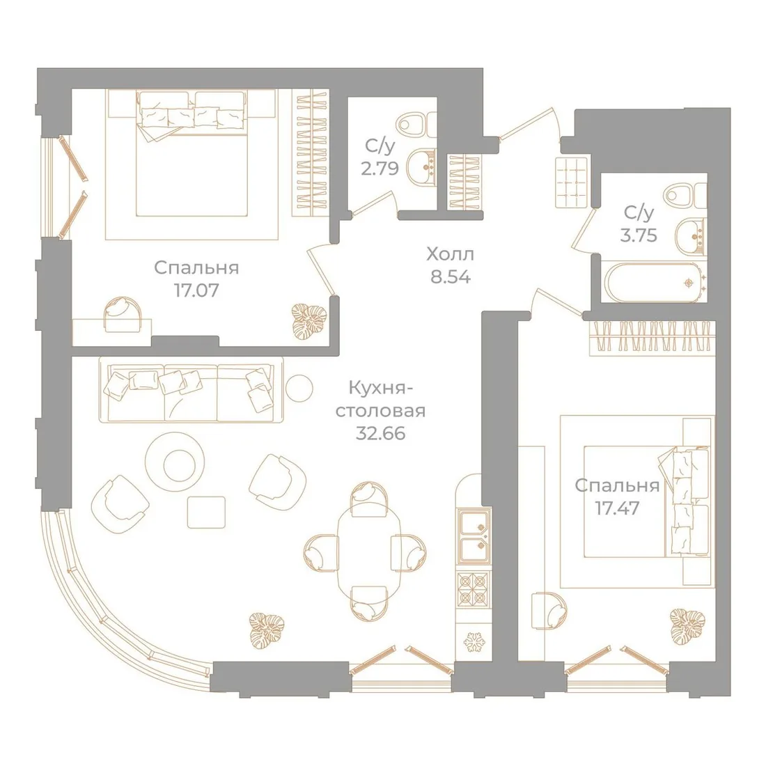Планировка: Двухкомнатная квартира 82 м² в «Фонтанка, 130»
