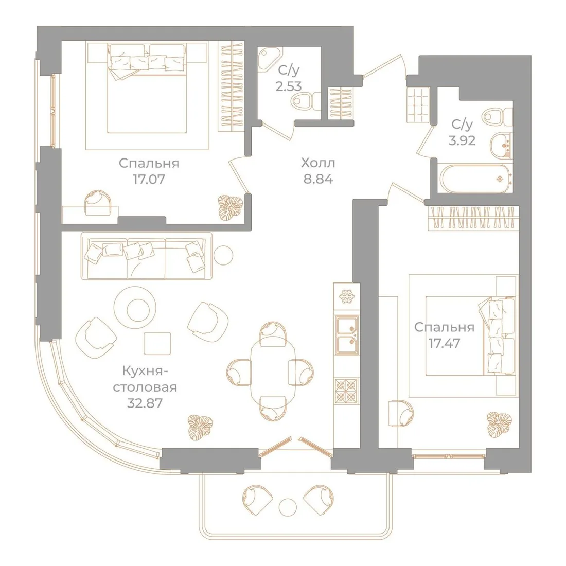 Планировка: Двухкомнатная квартира 84 м² в «Фонтанка, 130»