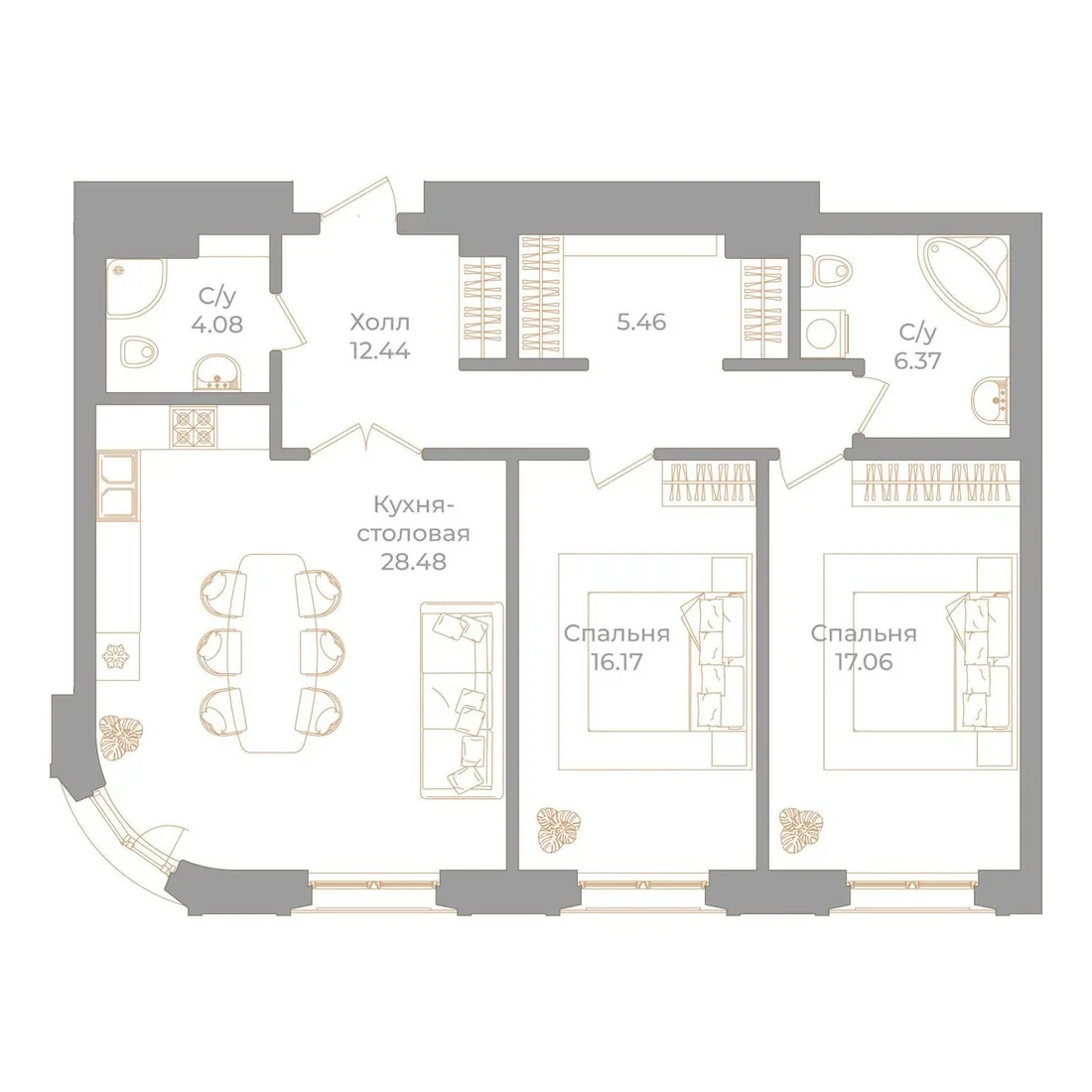 Планировка: Двухкомнатная квартира 90 м² в «Фонтанка, 130»