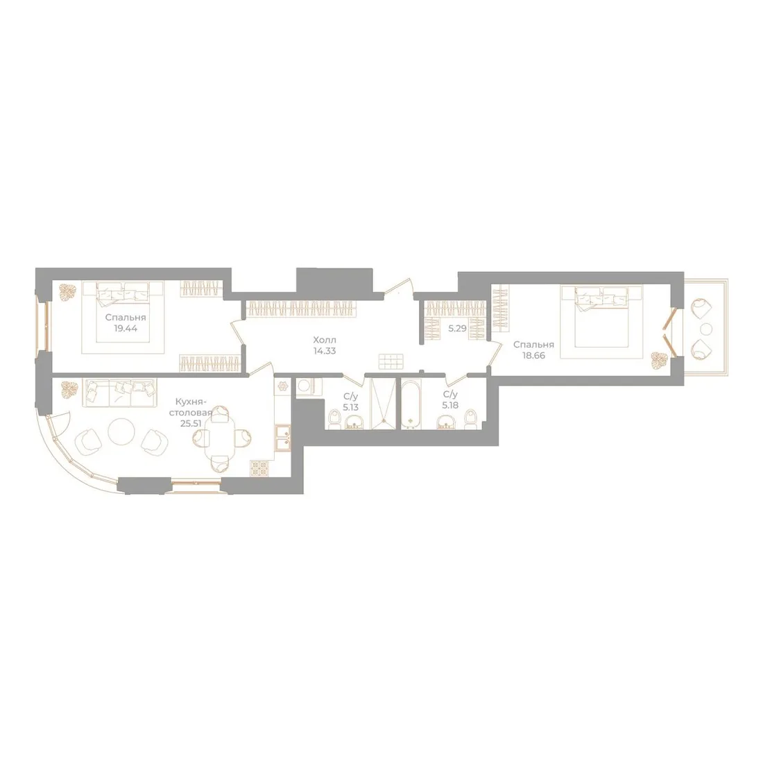 Планировка: Двухкомнатная квартира 95 м² в «Фонтанка, 130»