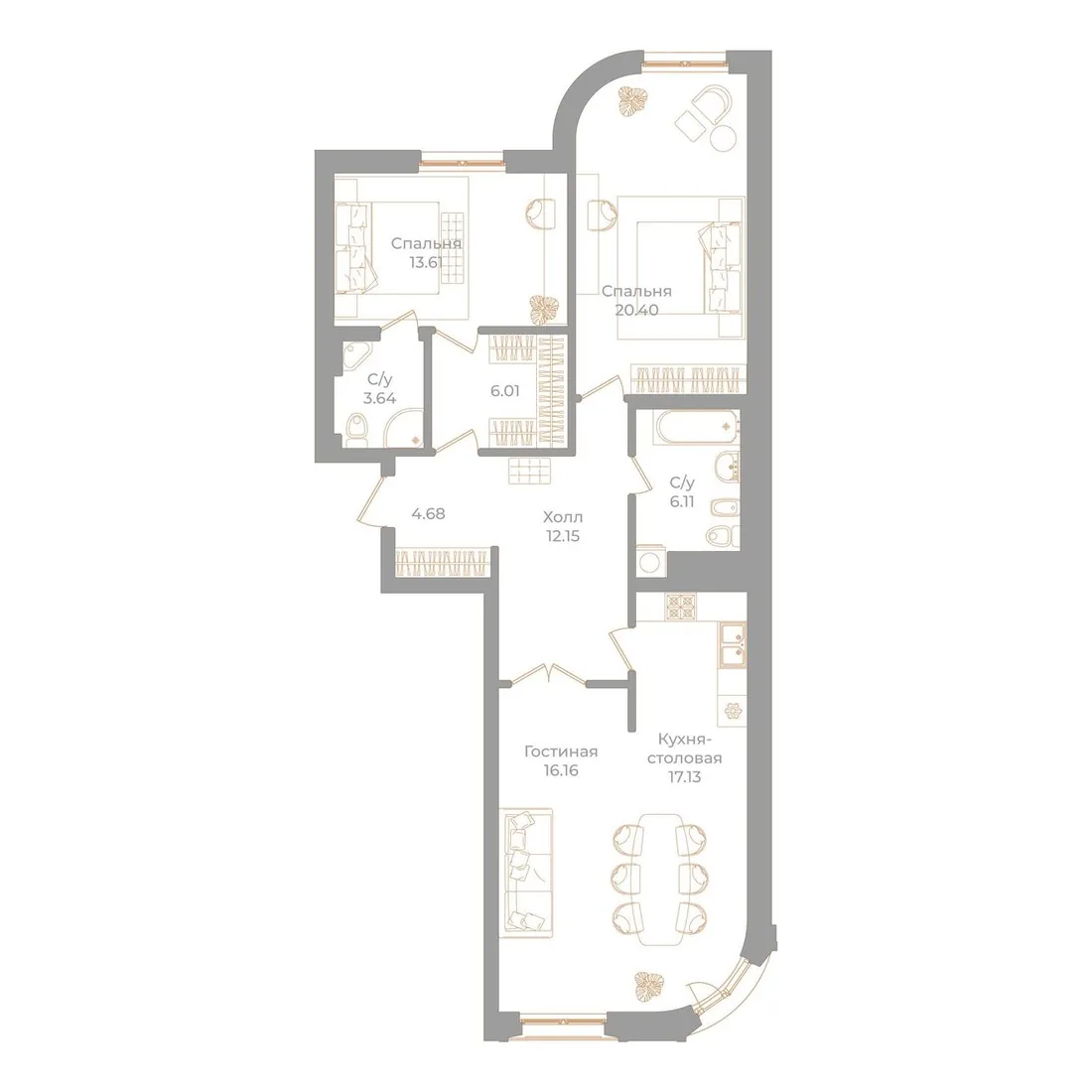 Планировка: Трёхкомнатная квартира 100 м² в «Фонтанка, 130»