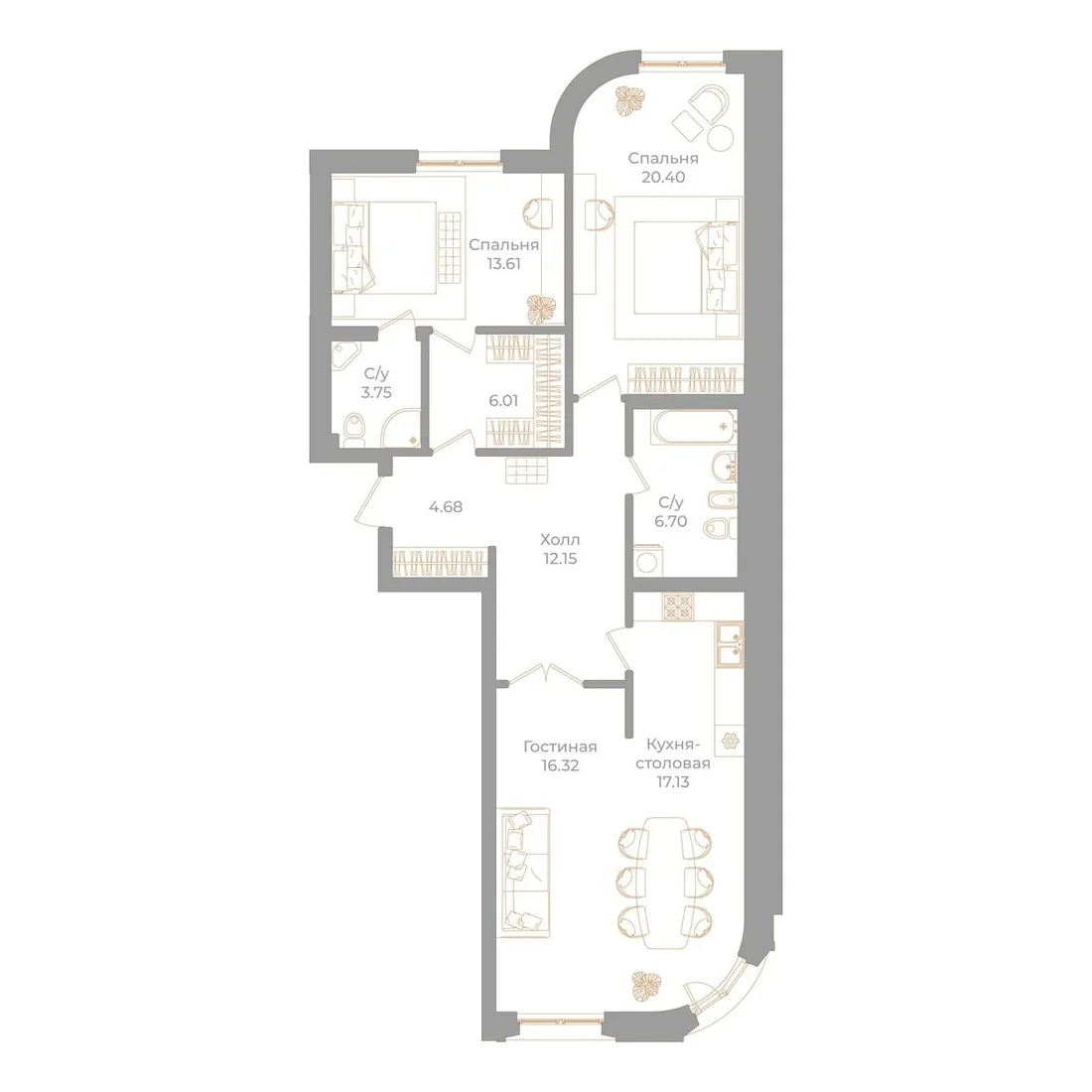 Планировка: Трёхкомнатная квартира 101 м² в «Фонтанка, 130»