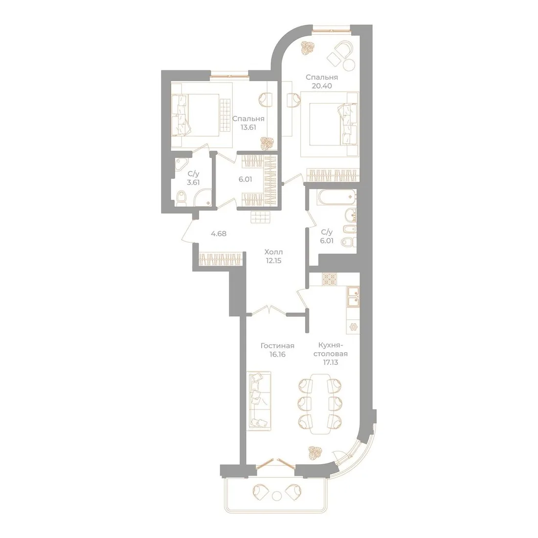 Планировка: Трёхкомнатная квартира 101 м² в «Фонтанка, 130»