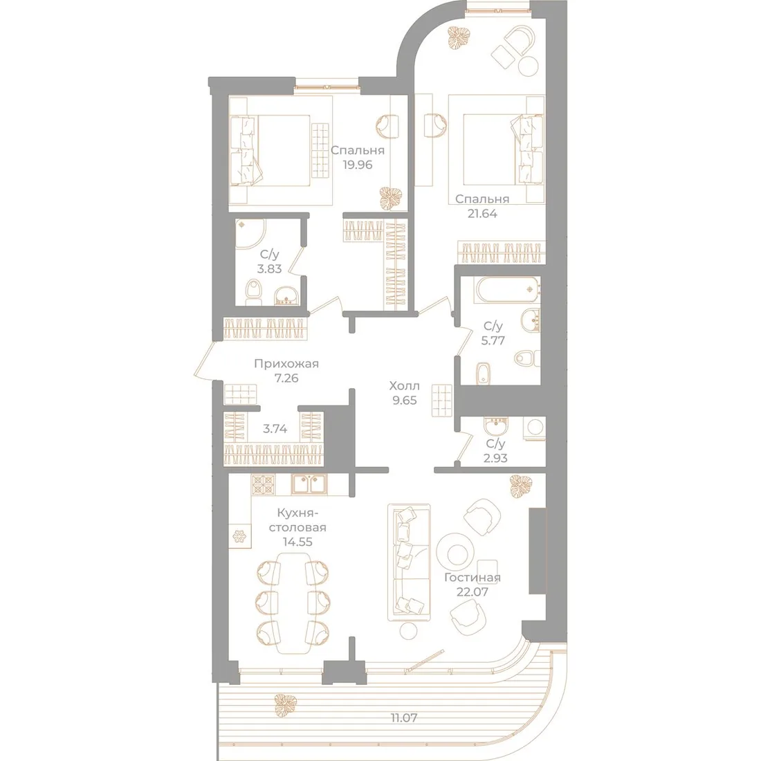 Планировка: Трёхкомнатная квартира 115 м² в «Фонтанка, 130»