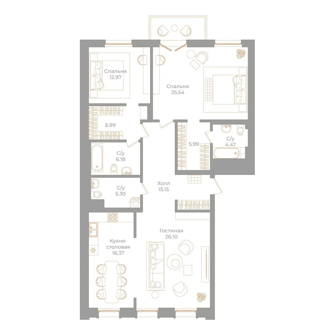 Планировка: Трёхкомнатная квартира 126 м² в «Фонтанка, 130»