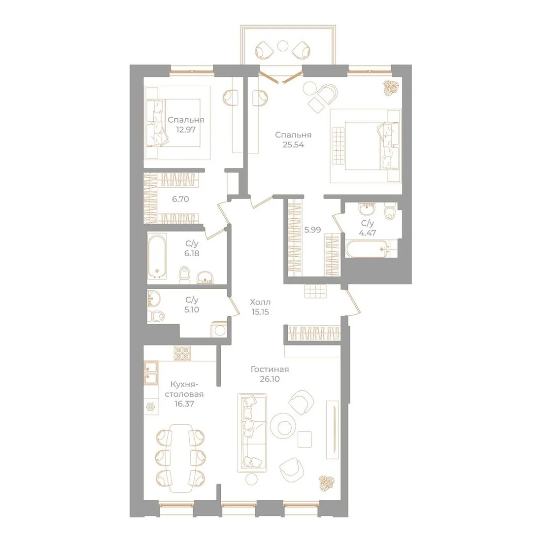 Планировка: Трёхкомнатная квартира 126 м² в «Фонтанка, 130»