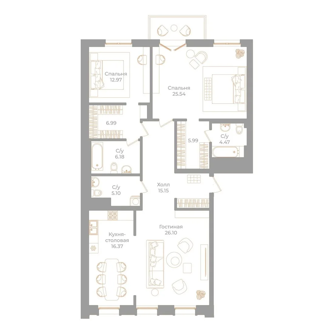 Планировка: Трёхкомнатная квартира 126 м² в «Фонтанка, 130»