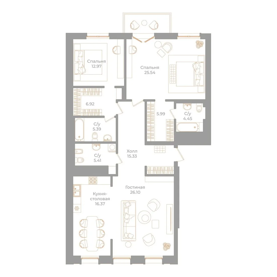 Планировка: Трёхкомнатная квартира 126 м² в «Фонтанка, 130»