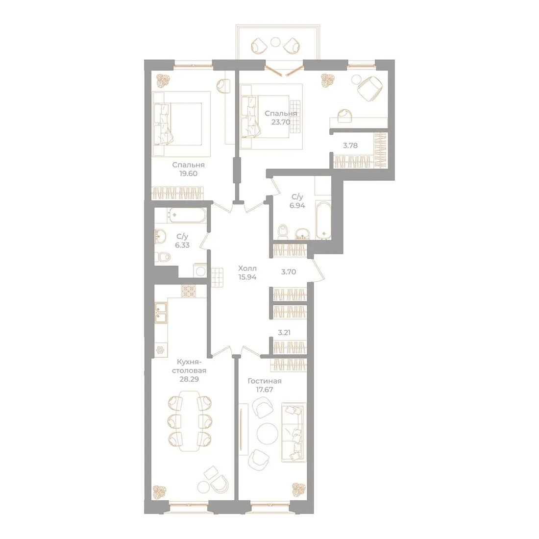 Планировка: Трёхкомнатная квартира 130 м² в «Фонтанка, 130»