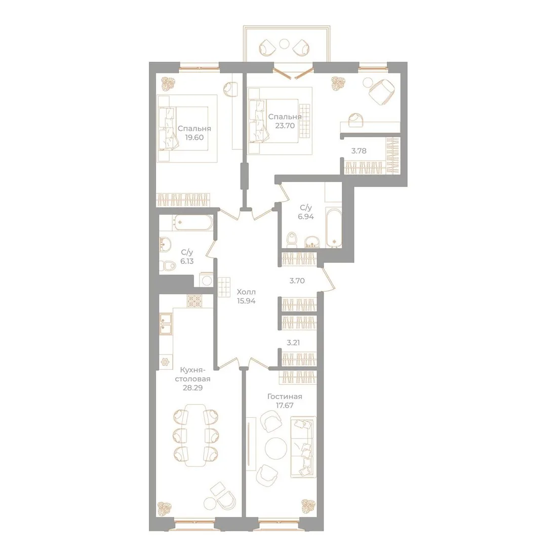 Планировка: Трёхкомнатная квартира 130 м² в «Фонтанка, 130»