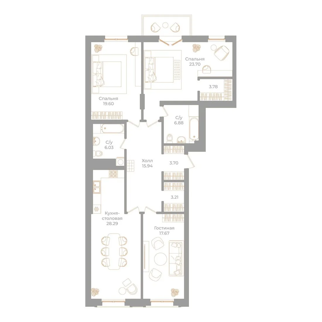 Планировка: Трёхкомнатная квартира 130 м² в «Фонтанка, 130»