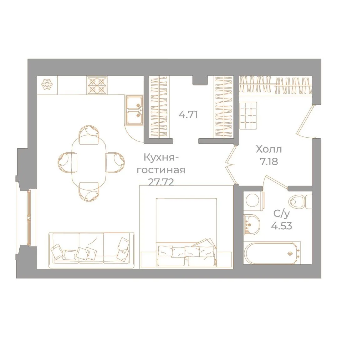 Планировка: Студия квартира 44 м² в «Фонтанка, 130»