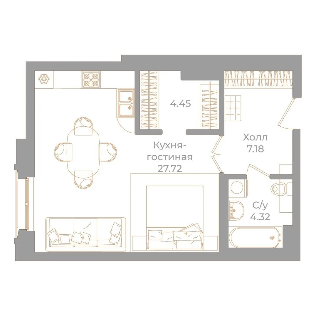 Планировка: Студия квартира 44 м² в «Фонтанка, 130»
