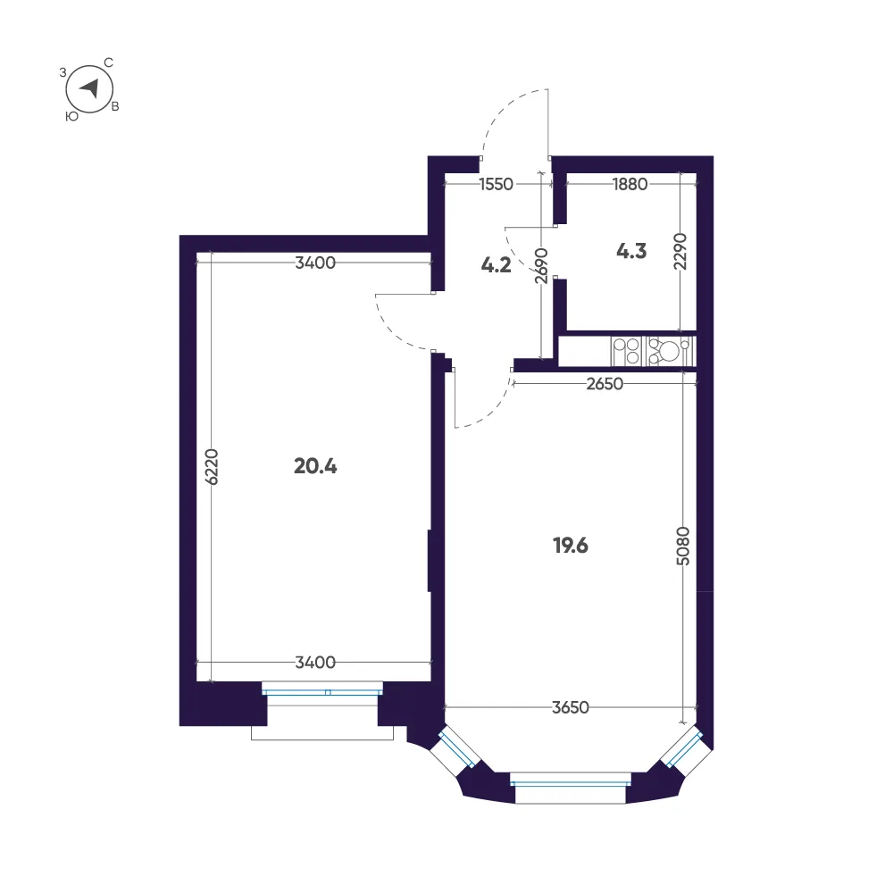 Планировка: Однокомнатная квартира 48 м² в «Мариинка Deluxe»