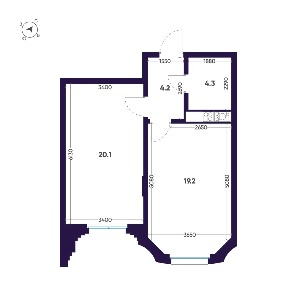 Планировка: Однокомнатная квартира 48 м² в «Мариинка Deluxe»