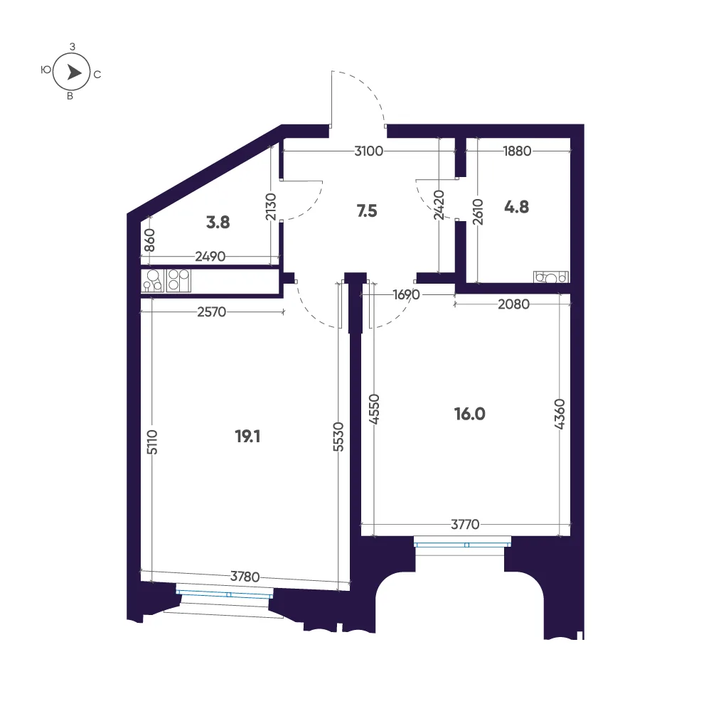 Планировка: Однокомнатная квартира 51 м² в «Мариинка Deluxe»