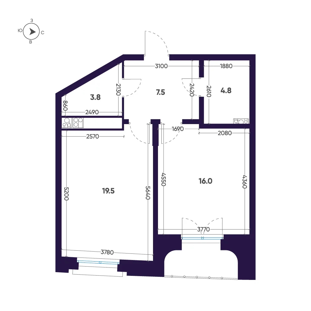 Планировка: Однокомнатная квартира 54 м² в «Мариинка Deluxe»