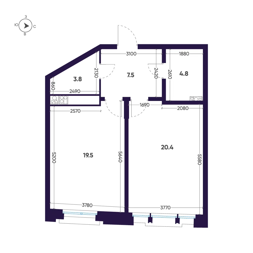 Планировка: Однокомнатная квартира 56 м² в «Мариинка Deluxe»