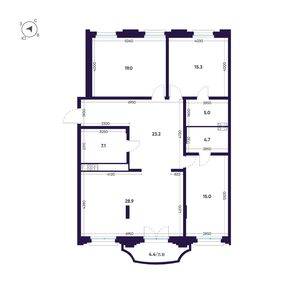 Планировка: Трёхкомнатная квартира 120 м² в «Мариинка Deluxe»