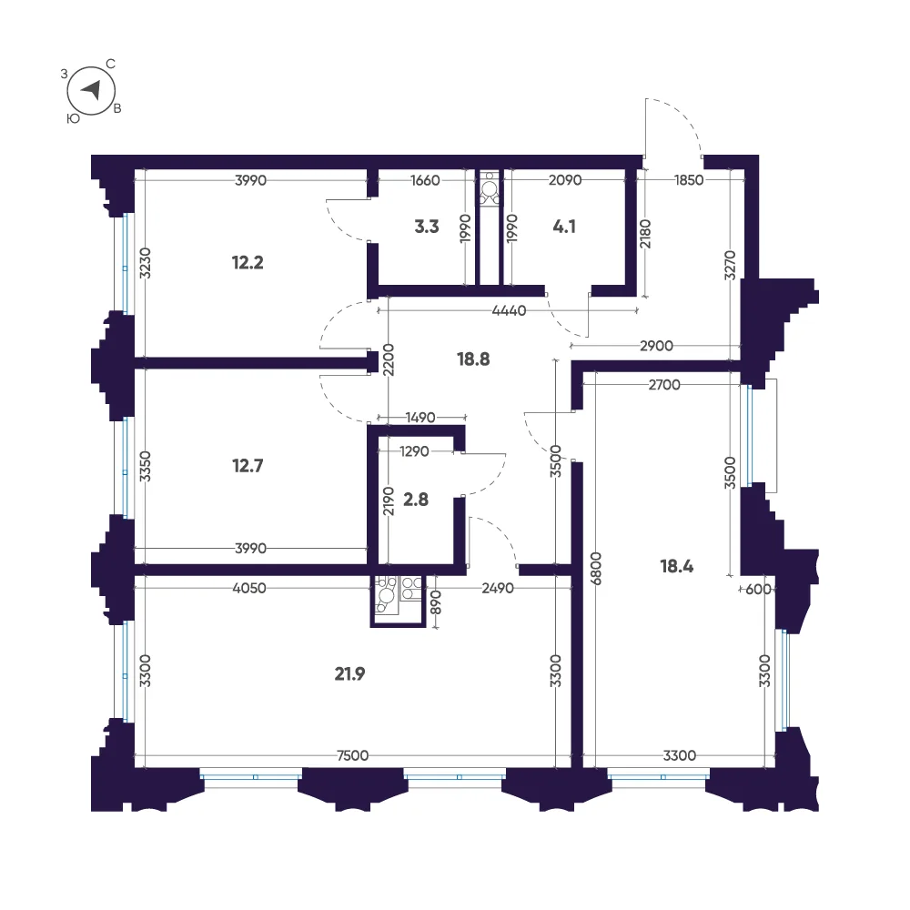 Планировка: Трёхкомнатная квартира 94 м² в «Мариинка Deluxe»