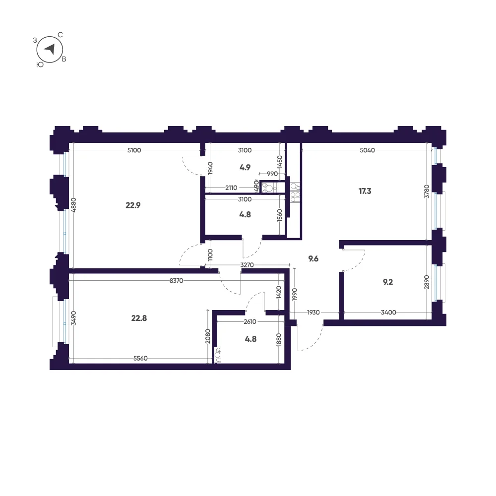 Планировка: Трёхкомнатная квартира 96 м² в «Мариинка Deluxe»