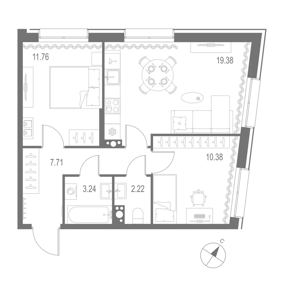 Планировка: Двухкомнатная квартира 55 м² в «Остров Первых»