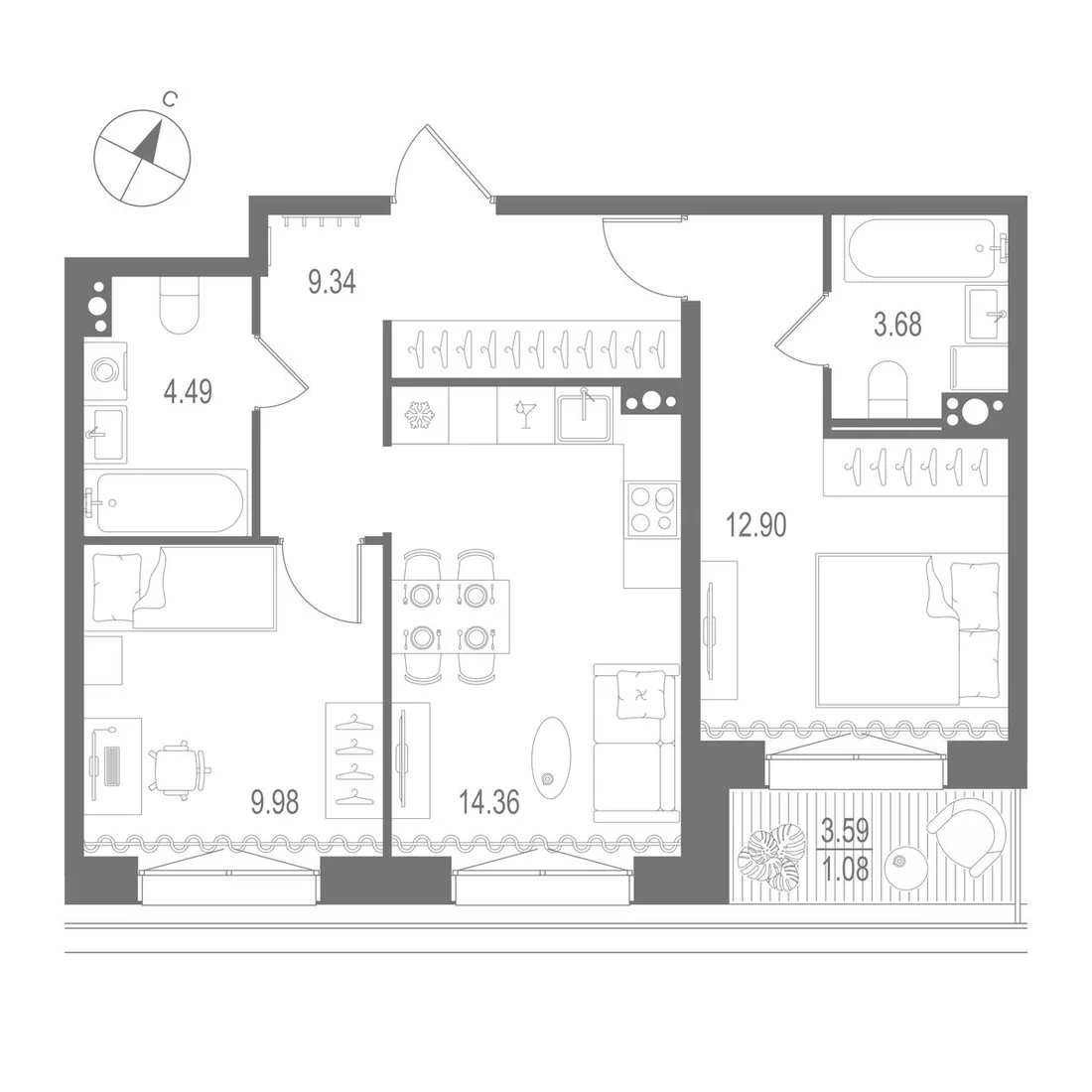 Планировка: Двухкомнатная квартира 56 м² в «Остров Первых»