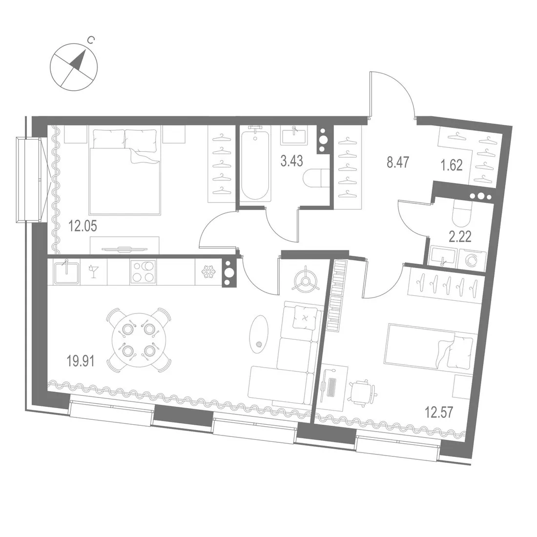 Планировка: Двухкомнатная квартира 60 м² в «Остров Первых»
