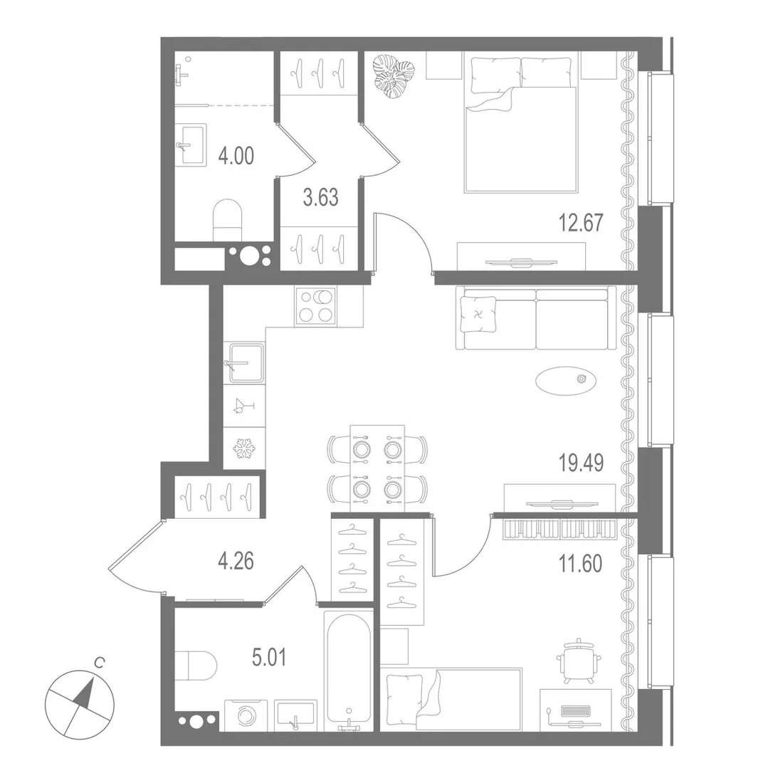 Планировка: Двухкомнатная квартира 61 м² в «Остров Первых»