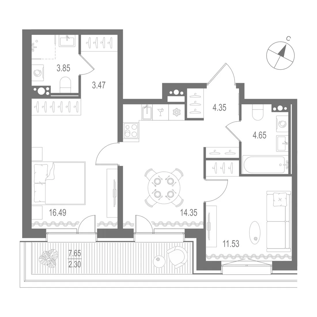 Планировка: Двухкомнатная квартира 61 м² в «Остров Первых»