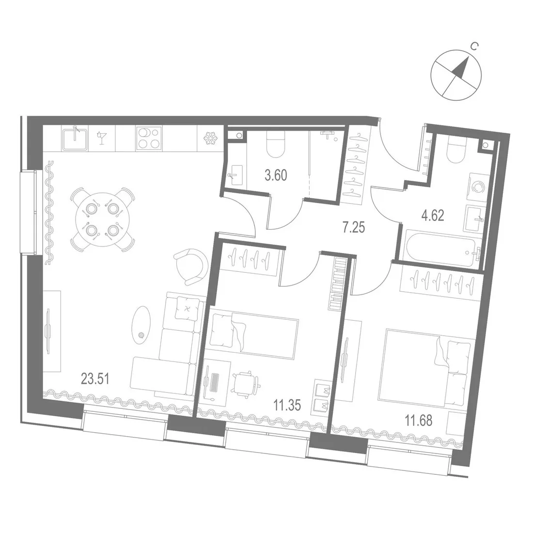 Планировка: Двухкомнатная квартира 62 м² в «Остров Первых»