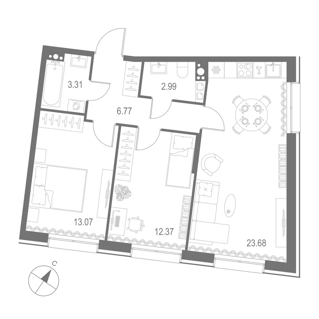 Планировка: Двухкомнатная квартира 62 м² в «Остров Первых»