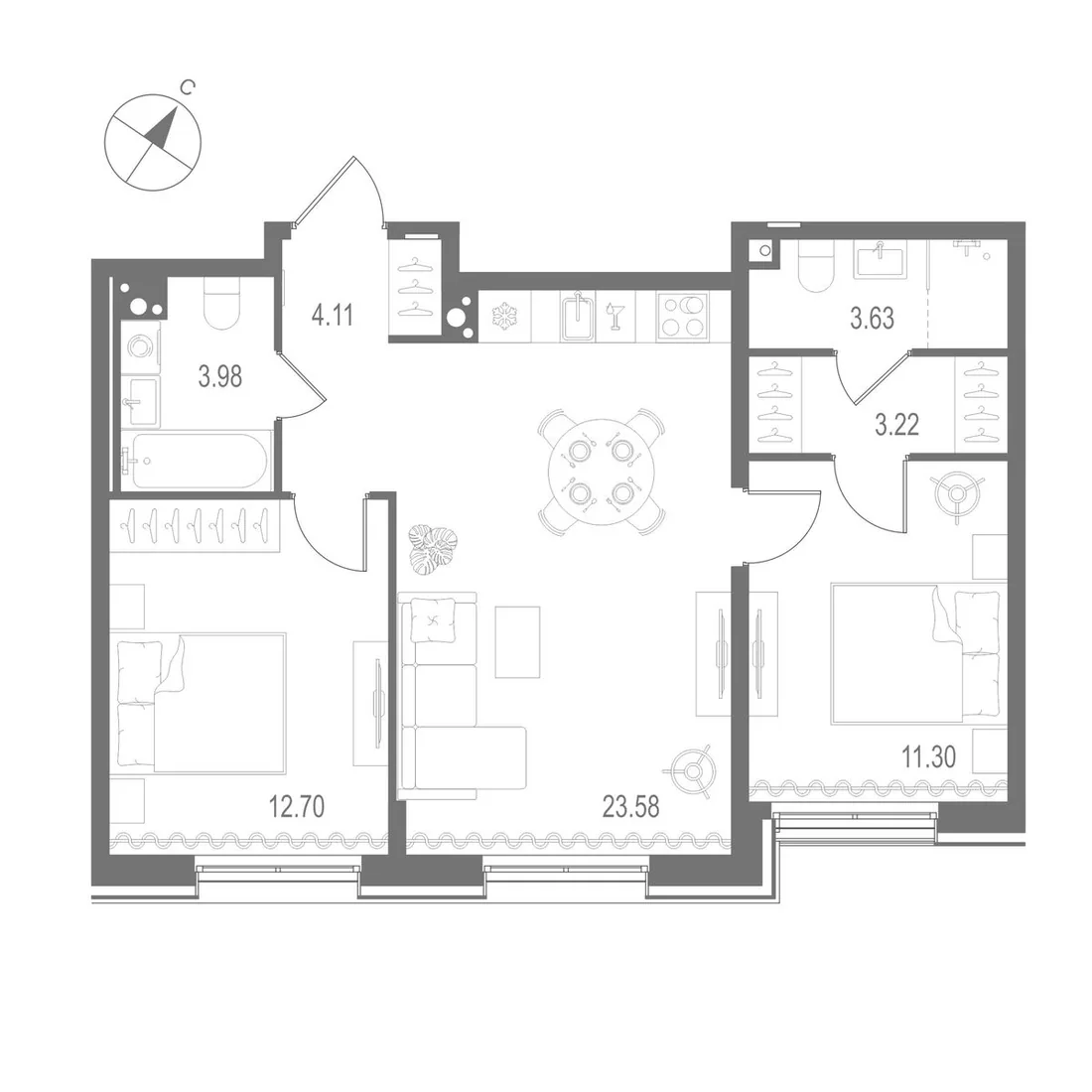 Планировка: Двухкомнатная квартира 62 м² в «Остров Первых»