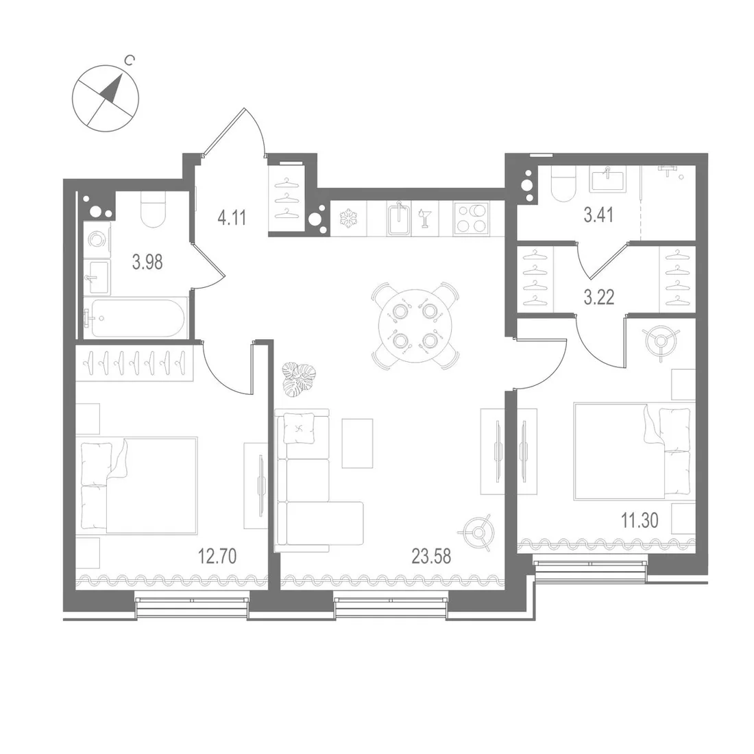 Планировка: Двухкомнатная квартира 62 м² в «Остров Первых»