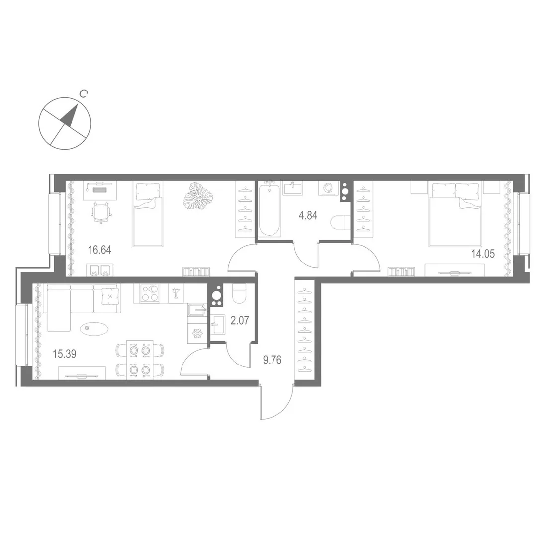 Планировка: Двухкомнатная квартира 63 м² в «Остров Первых»