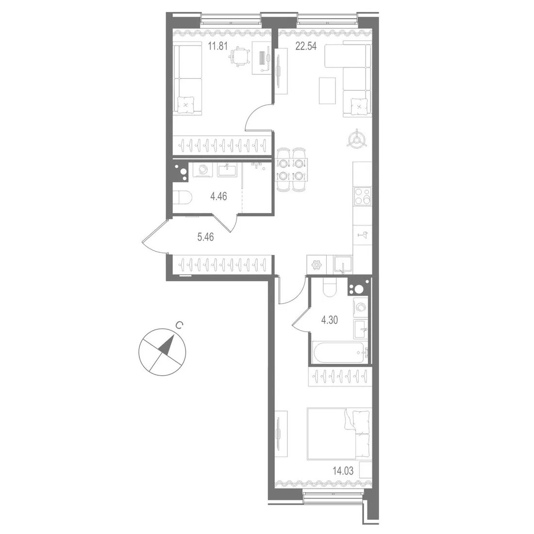 Планировка: Двухкомнатная квартира 63 м² в «Остров Первых»