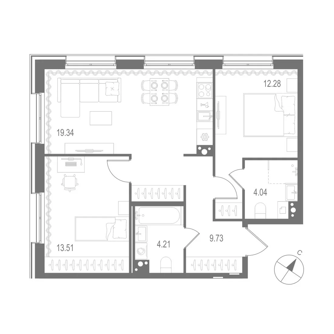 Планировка: Двухкомнатная квартира 63 м² в «Остров Первых»