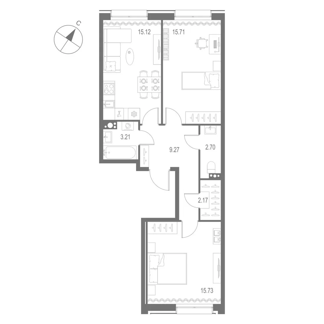 Планировка: Двухкомнатная квартира 64 м² в «Остров Первых»