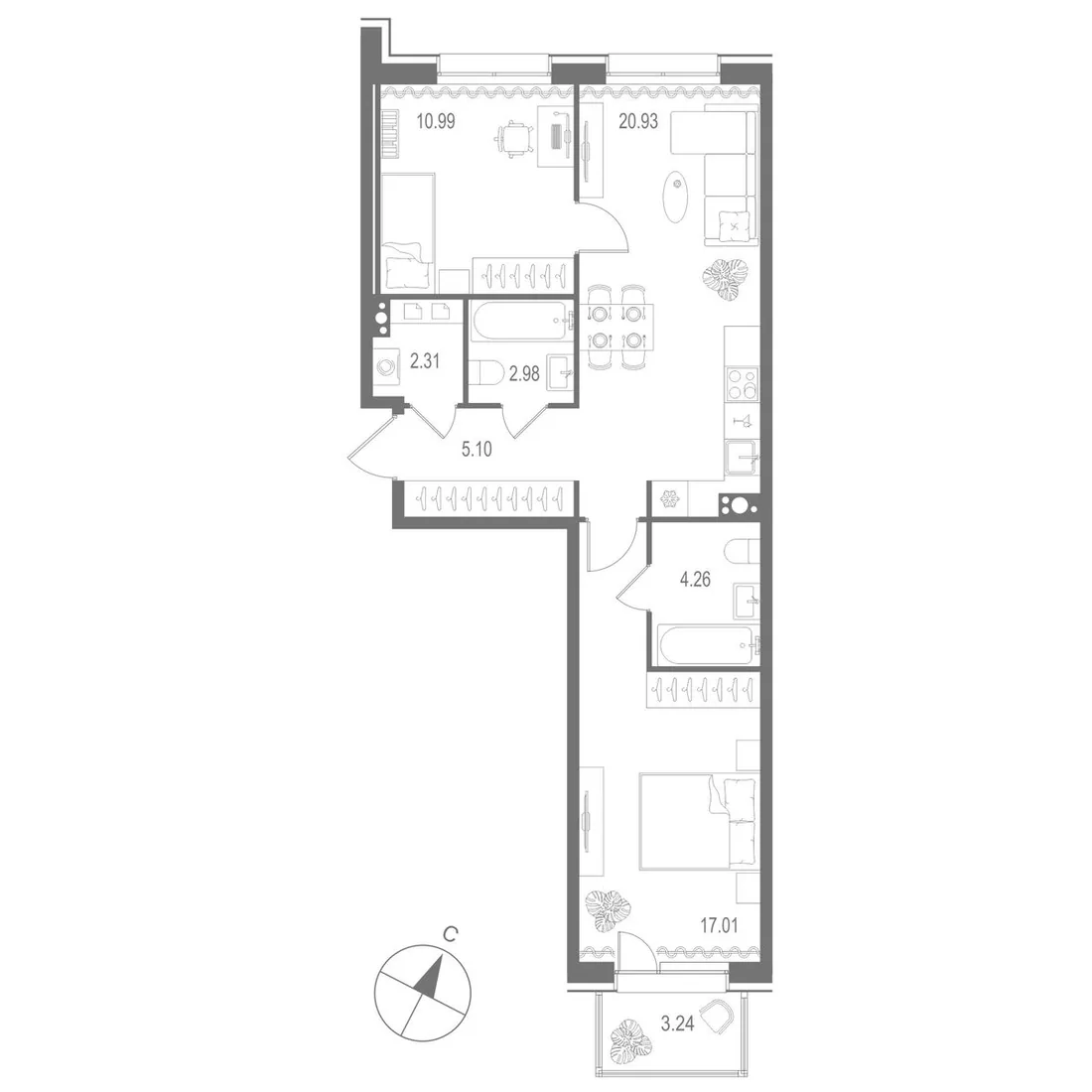 Планировка: Двухкомнатная квартира 64 м² в «Остров Первых»