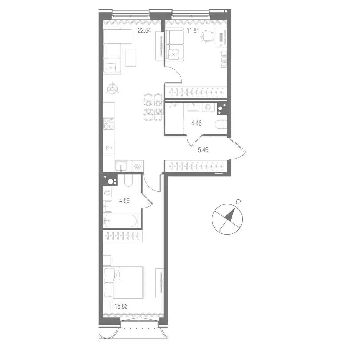 Планировка: Двухкомнатная квартира 65 м² в «Остров Первых»