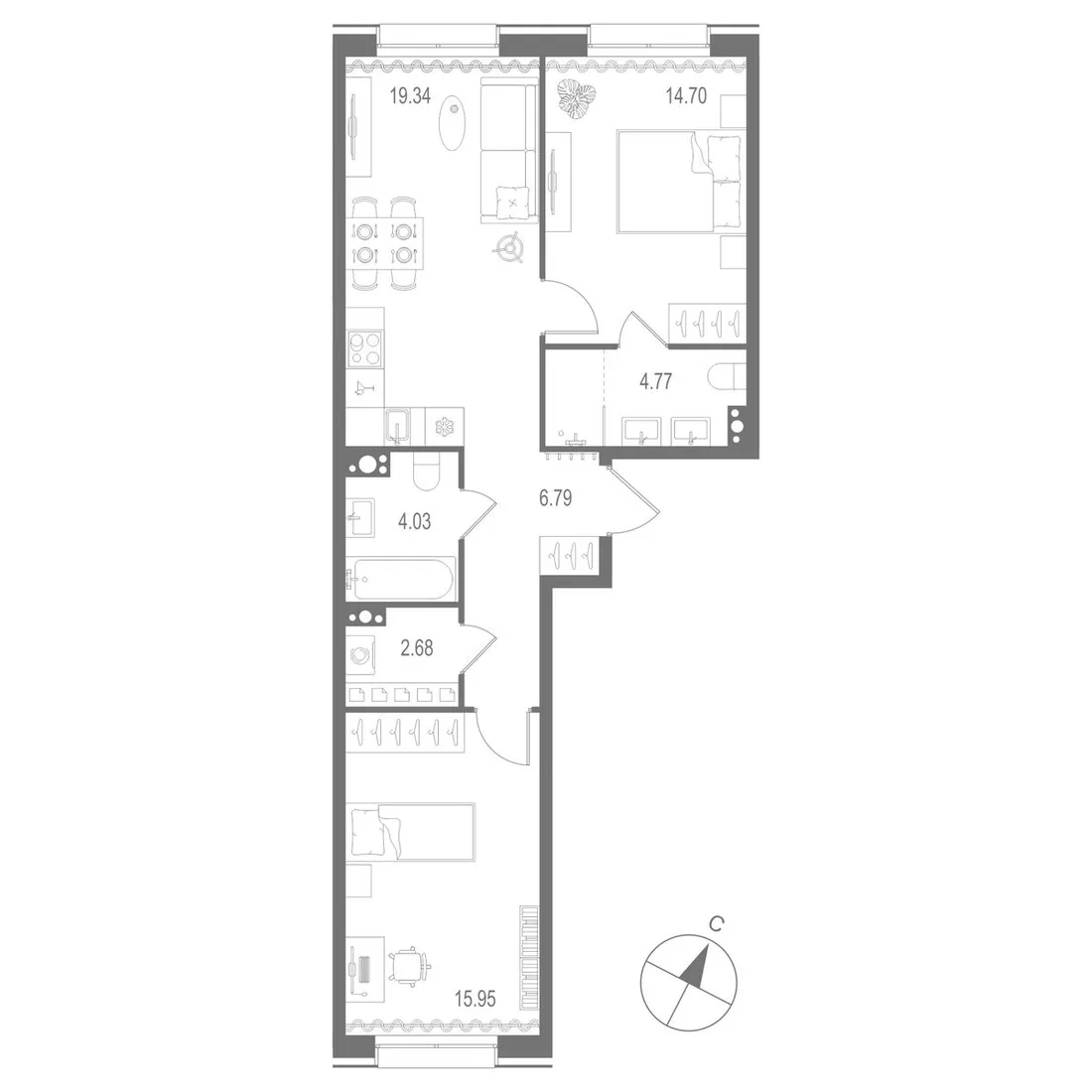 Планировка: Двухкомнатная квартира 68 м² в «Остров Первых»