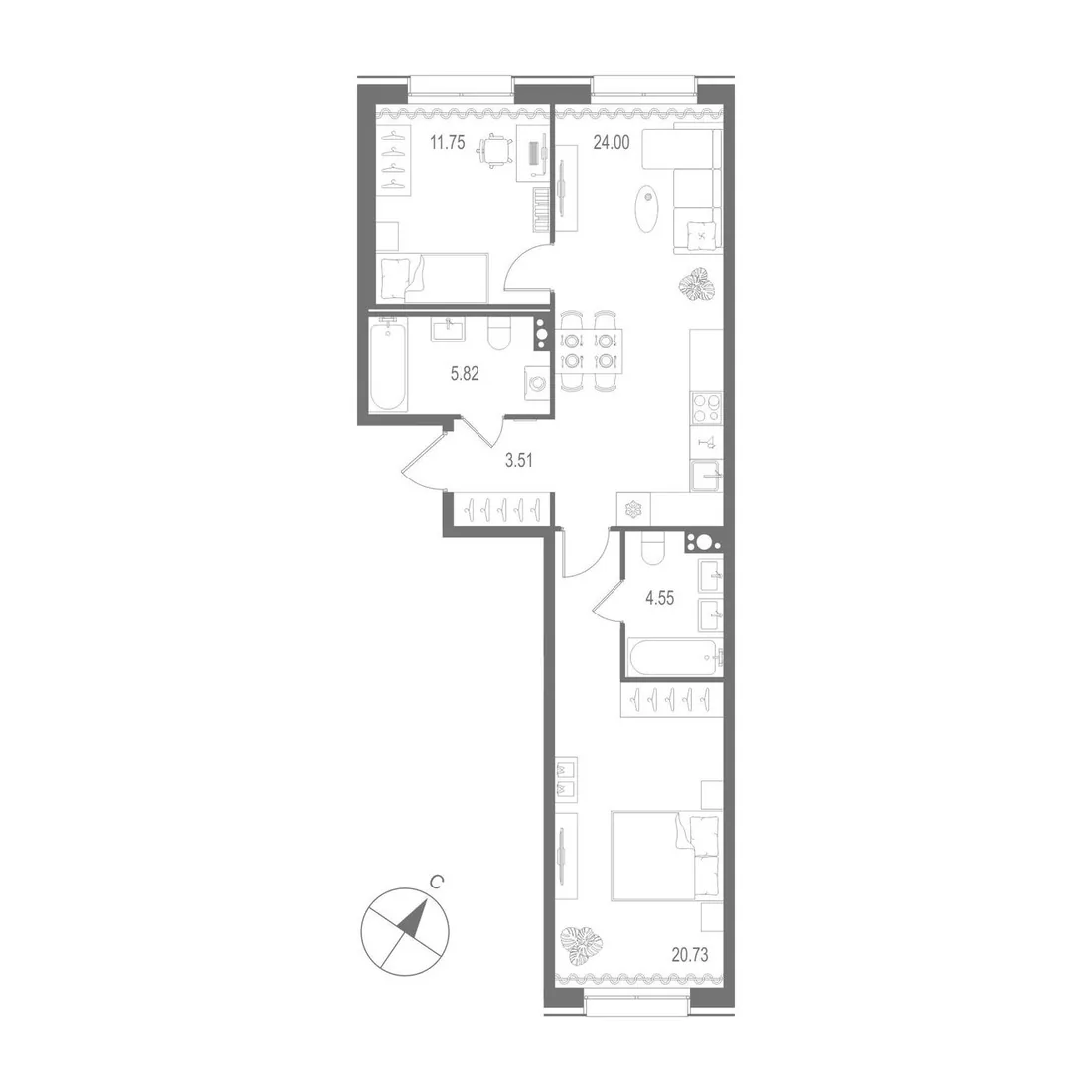 Планировка: Двухкомнатная квартира 70 м² в «Остров Первых»