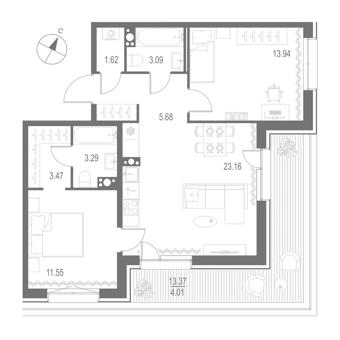Планировка: Двухкомнатная квартира 70 м² в «Остров Первых»