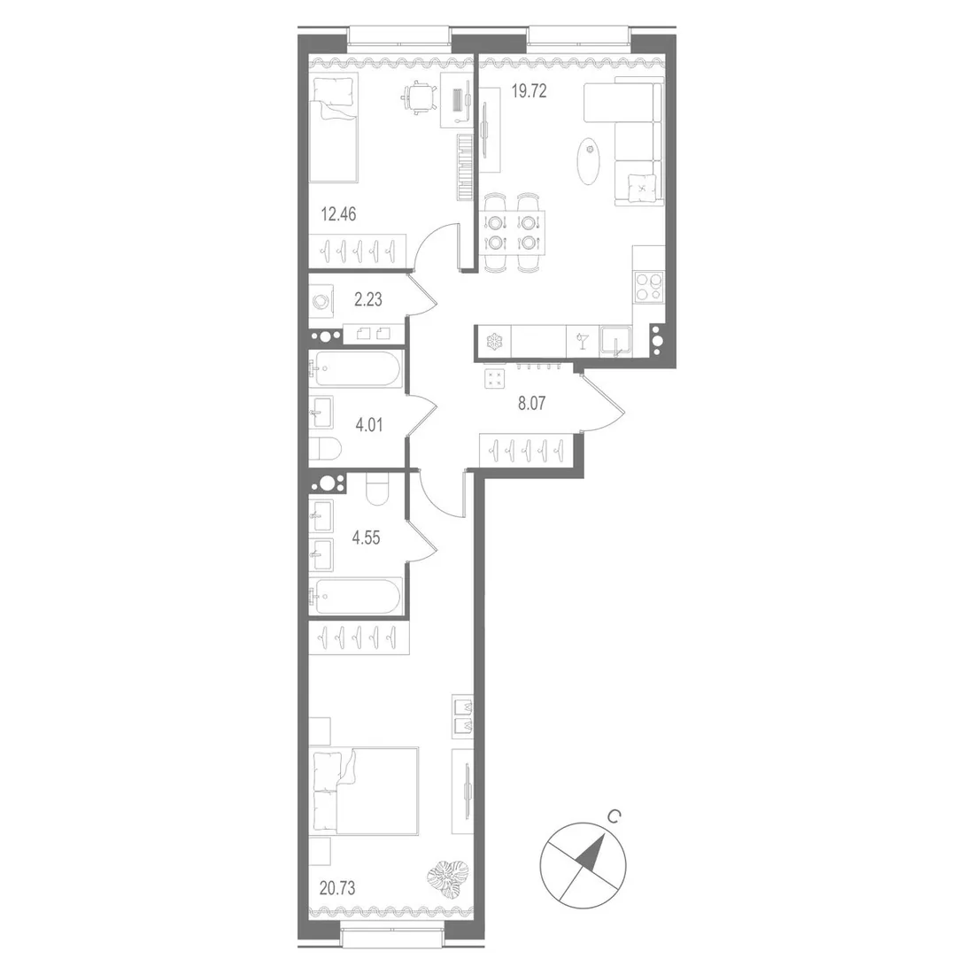 Планировка: Двухкомнатная квартира 72 м² в «Остров Первых»