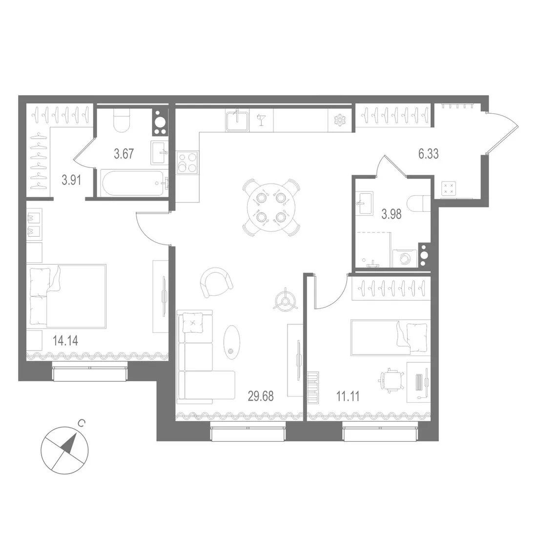 Планировка: Двухкомнатная квартира 73 м² в «Остров Первых»