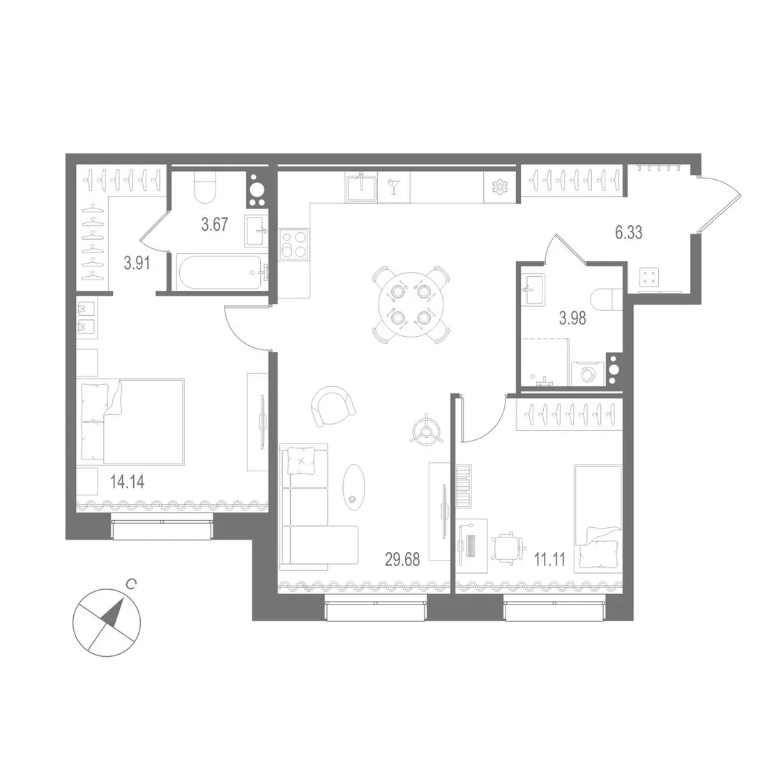 Планировка: Двухкомнатная квартира 73 м² в «Остров Первых»