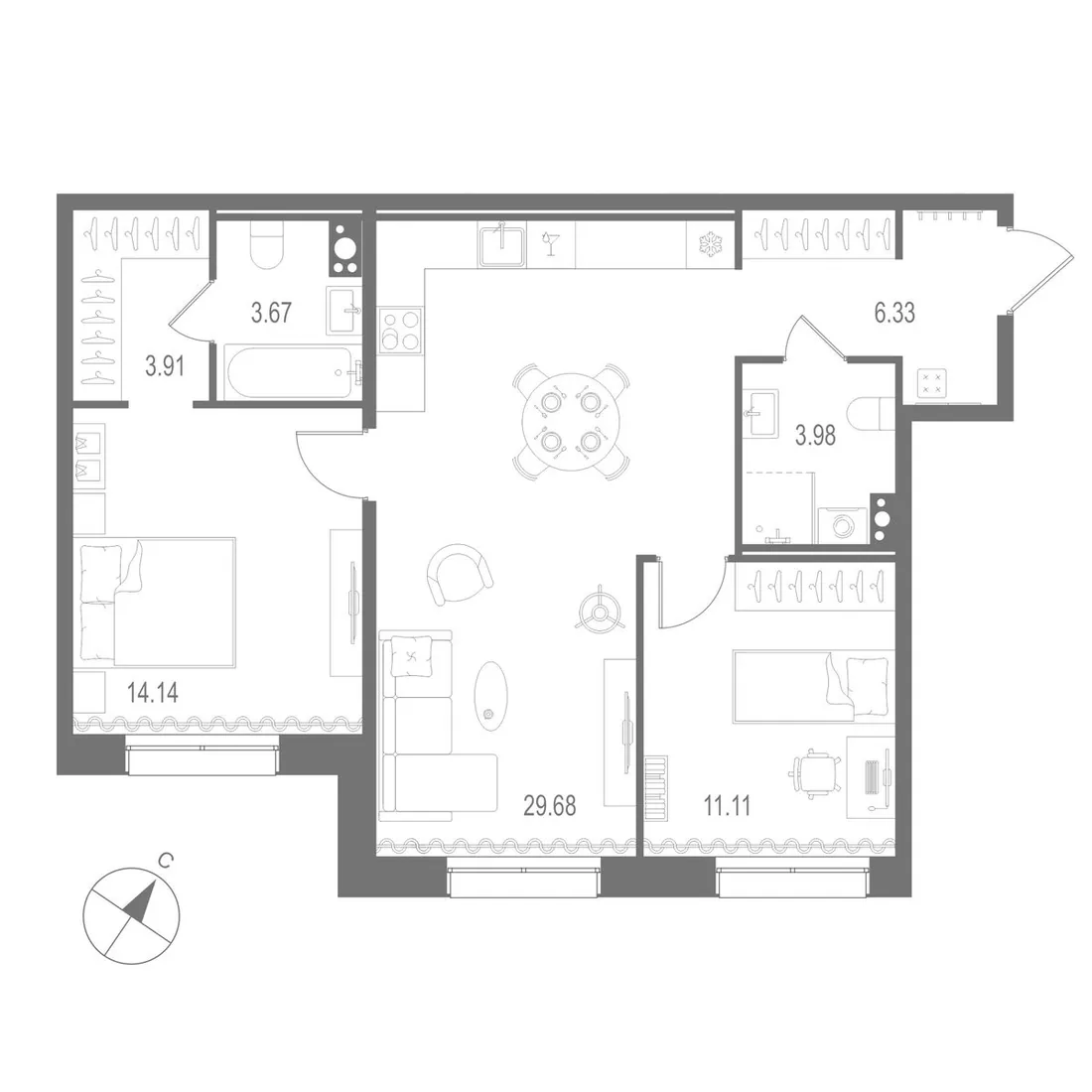 Планировка: Двухкомнатная квартира 73 м² в «Остров Первых»